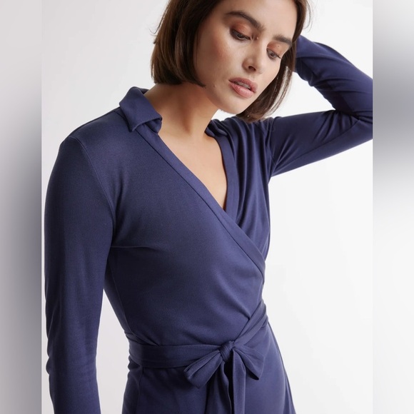 NWT Quince 100% Silk Jersey Mini Wrap Dress ~ Navy ~ Large - Picture 2 of 12